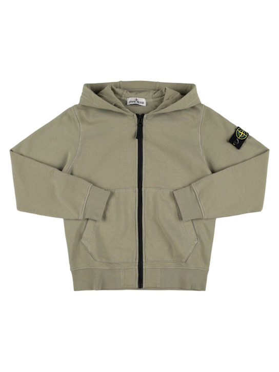 Stone Island Junior: 棉质平纹针织拉链开合连帽卫衣 - 卡其色 - kids-boys_0 | Luisa Via Roma