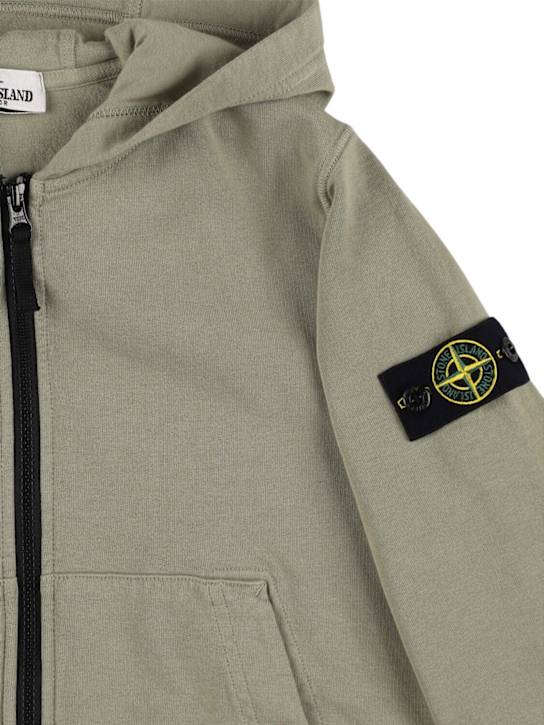 Stone Island Junior: 棉质平纹针织拉链开合连帽卫衣 - 卡其色 - kids-boys_1 | Luisa Via Roma