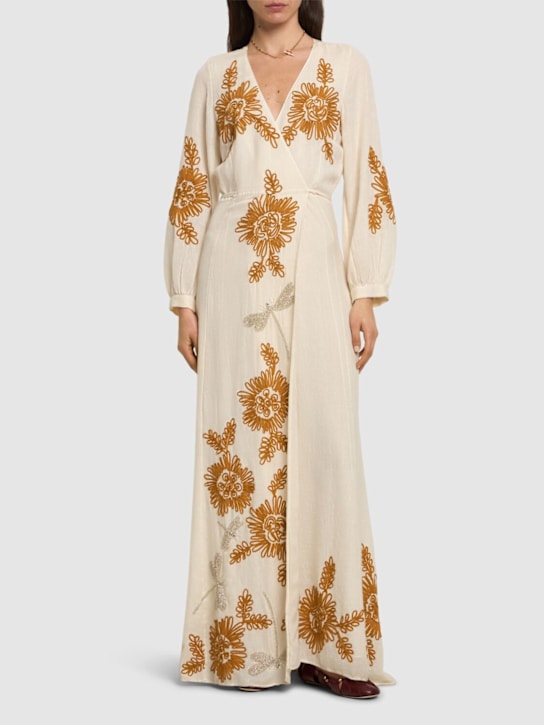 Forte_forte: 印花棉&羊毛薄纱长款连衣裙 - Ocre/Multi - women_1 | Luisa Via Roma