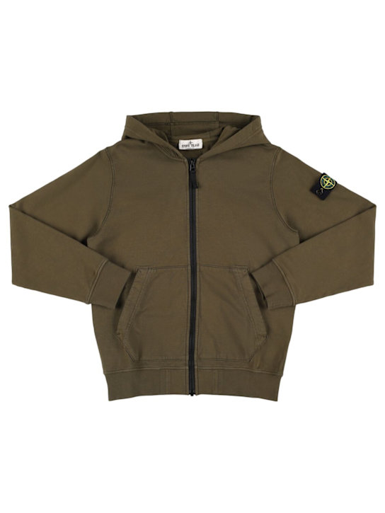 Stone Island Junior: 棉质平纹针织拉链开合连帽卫衣 - Military Green - kids-boys_0 | Luisa Via Roma