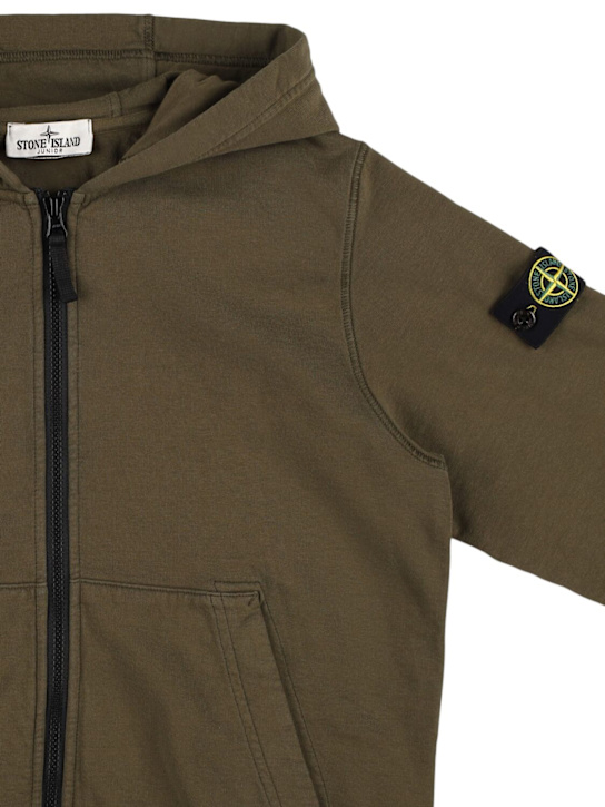 Stone Island Junior: 棉质平纹针织拉链开合连帽卫衣 - Military Green - kids-boys_1 | Luisa Via Roma